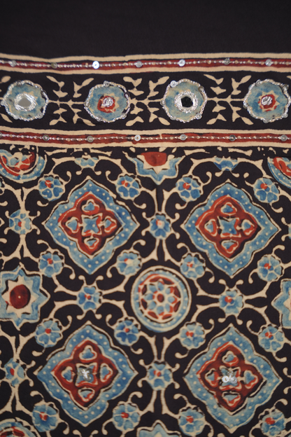 Black Ajrakh Modal Silk Hand Embroidery Saree  | Looms & Tassels