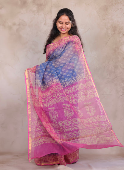 Blue And Rani pink Dual Shade Pure Kota Doria Saree with Bagru Handblock Prints | Looms & Tassels