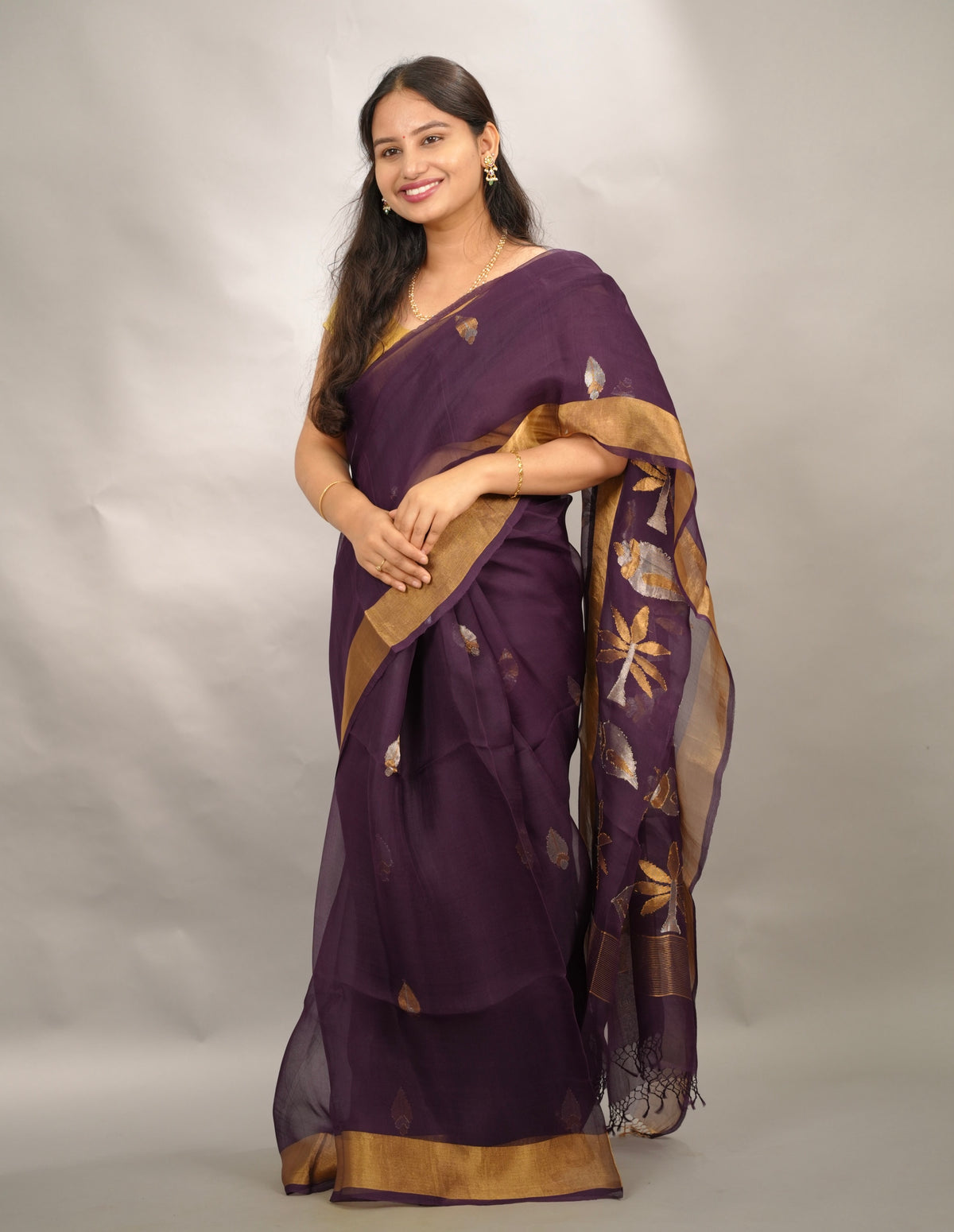 Purple Handloom Muslin Silk Saree With jamdhani weaving | Looms & Tassels