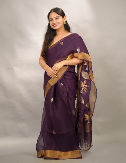 Purple Handloom Muslin Silk Saree With jamdhani weaving | Looms & Tassels