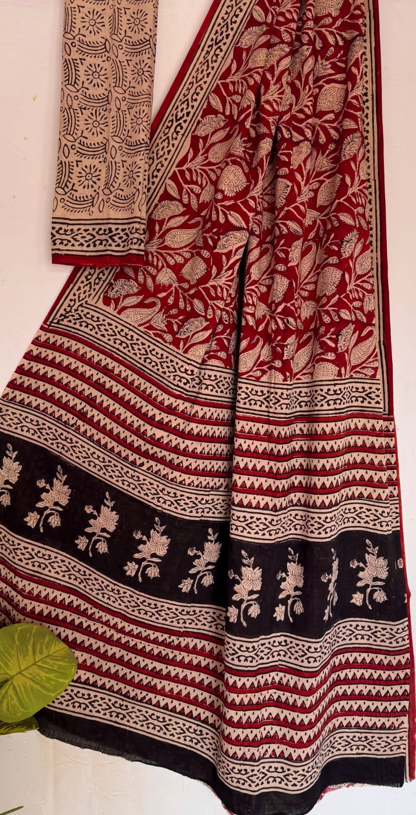 Maroon Bagru Handblock printed MulMul cotton saree