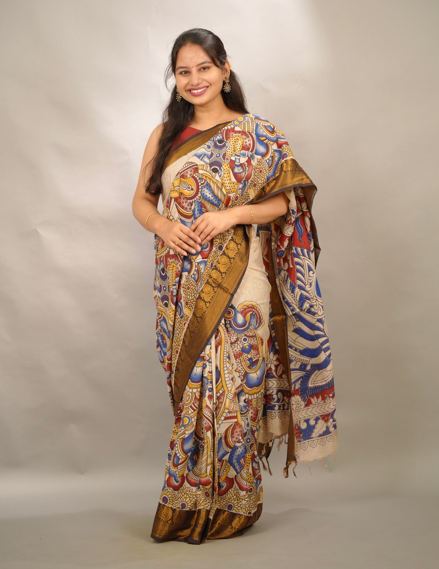 Cream Kanchi border Kalamkari Chennur Silk Saree | Looms & Tassels