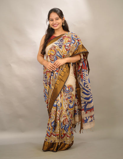 Cream Kanchi border Kalamkari Chennur Silk Saree | Looms & Tassels