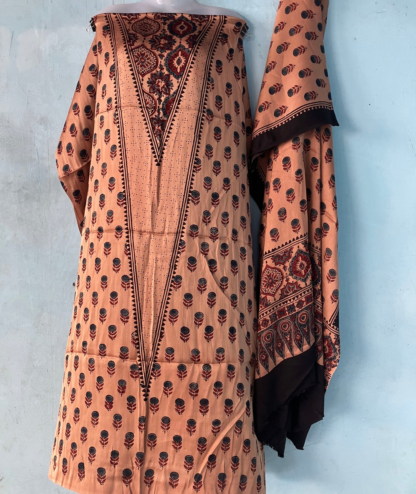 Peach Orange Floral Ajrakh Handblock Printed Modal Silk 2 Piece Suit Set