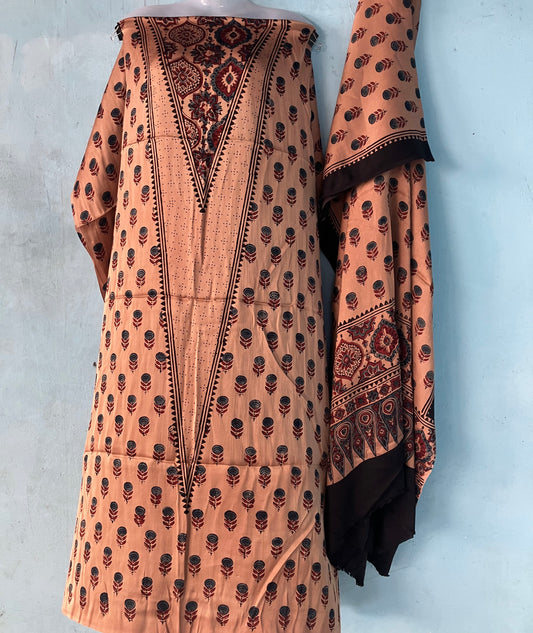 Peach Orange Floral Ajrakh Handblock Printed Modal Silk 2 Piece Suit Set