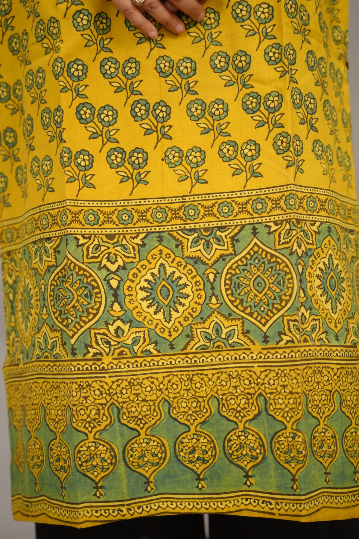 Mustard Yellow Ajrakh Pattern Hand Block printed Kurti | Looms & Tassels