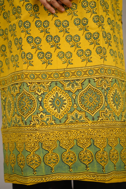 Mustard Yellow Ajrakh Pattern Hand Block printed Kurti | Looms & Tassels
