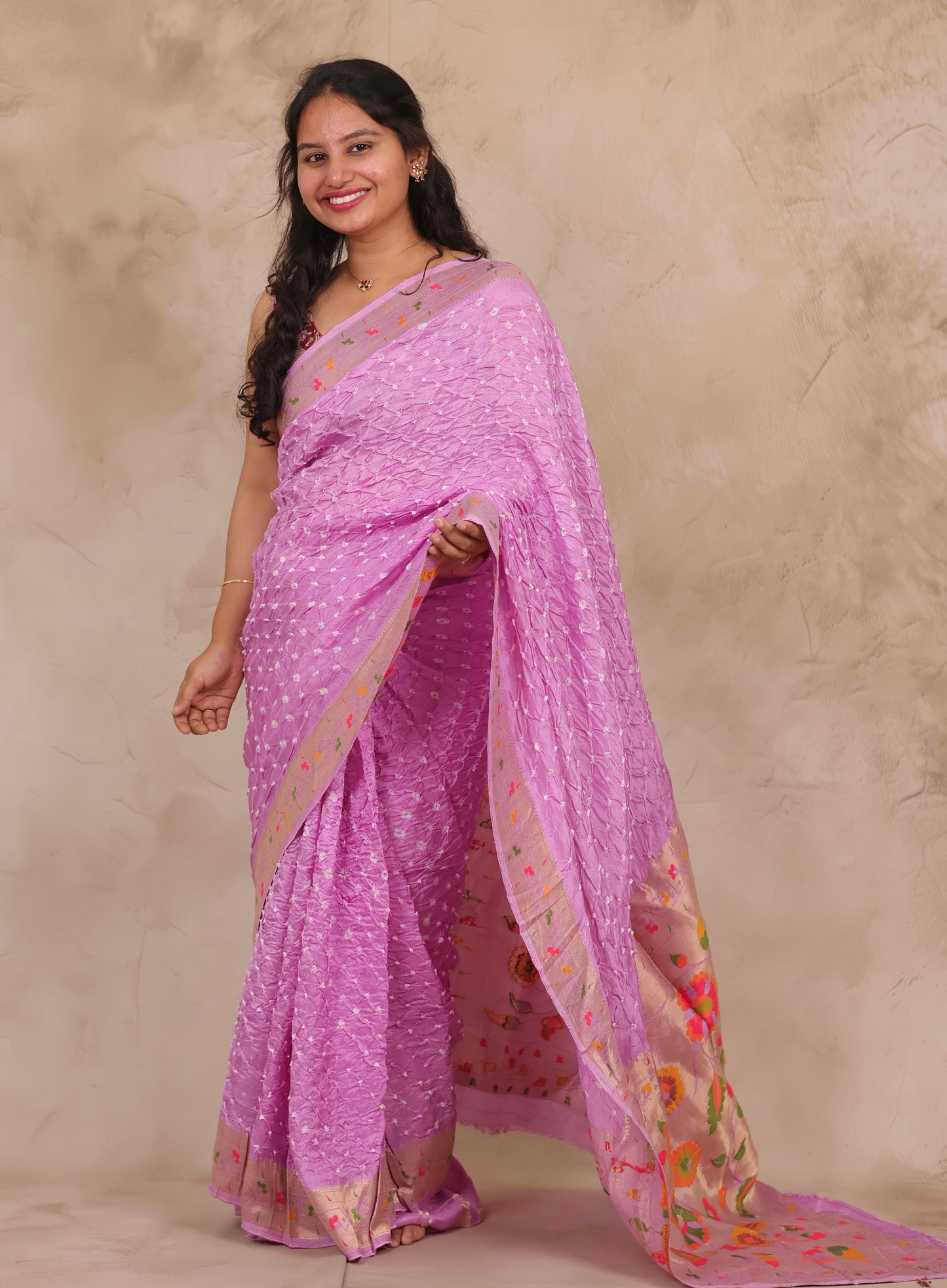 Pastel Lavender Handcrafted Bandhani Paithani Dola Silk Saree | Looms & Tassels