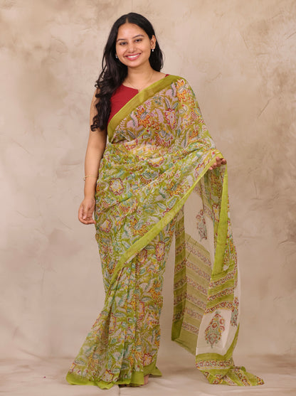 Green Chiffon Hand Block Printed Saree | Looms & Tassels