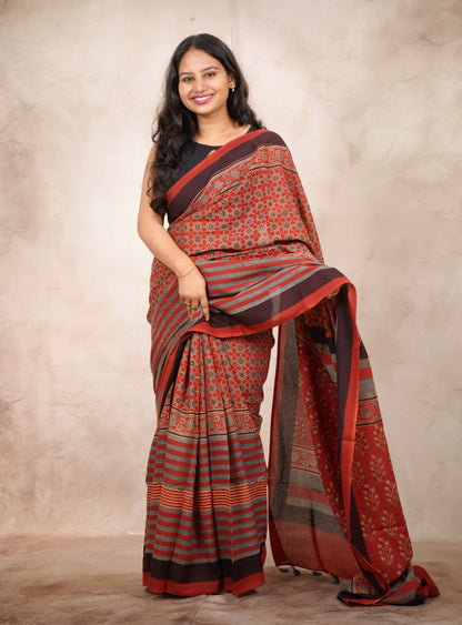 Red Ajrakh Hand Block Printed Cotton Saree | Looms & Tassels