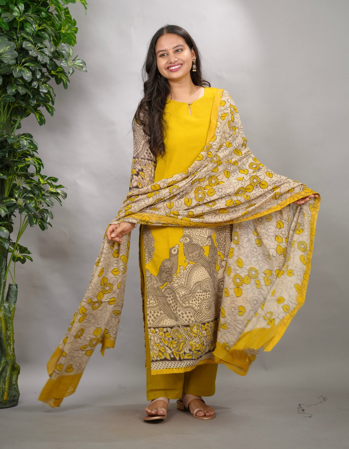 Yellow Kalamkari Kota Cotton 3 piece suit (stitched) | Looms & Tassels