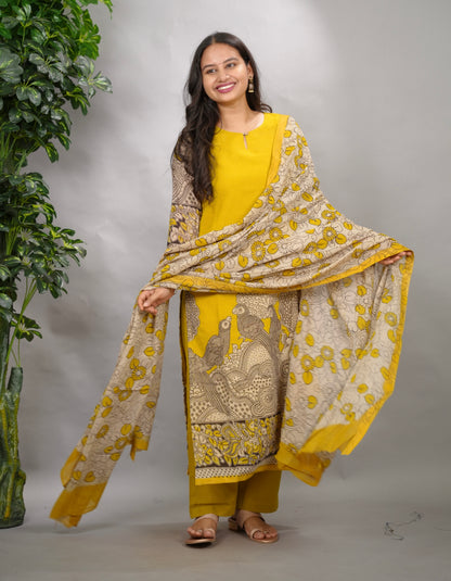 Yellow Kalamkari Kota Cotton 3 piece suit (stitched) | Looms & Tassels