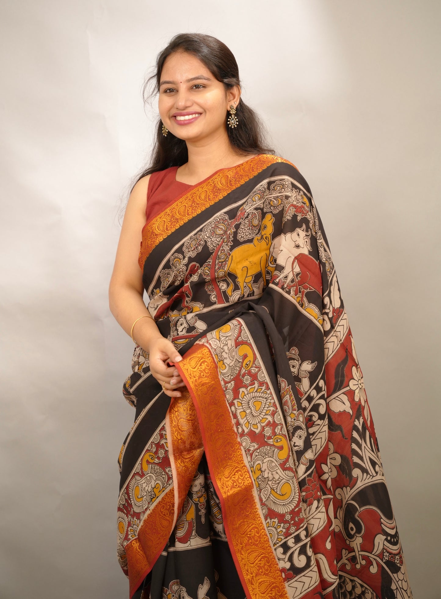 Black Kanchi border Kalamkari chennur silk saree | Looms & Tassels