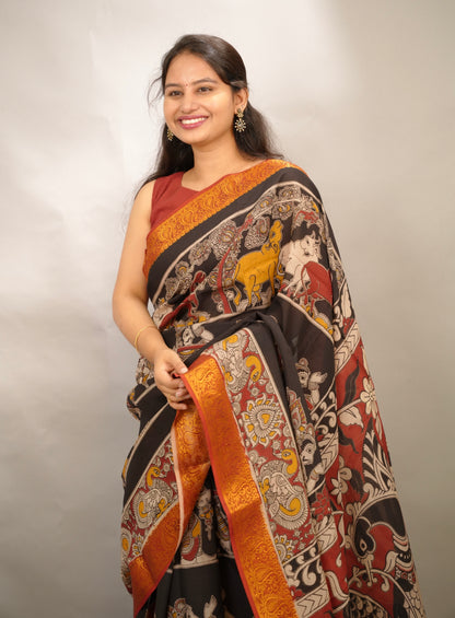 Black Kanchi border Kalamkari chennur silk saree | Looms & Tassels