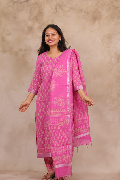 Pink Linen Cotton Handblock printed 3 piece suit (stitched)