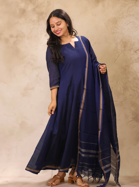 Blue Narayanpet Cotton Kali Kurta with Narayanpet Dupatta | Looms & Tassels