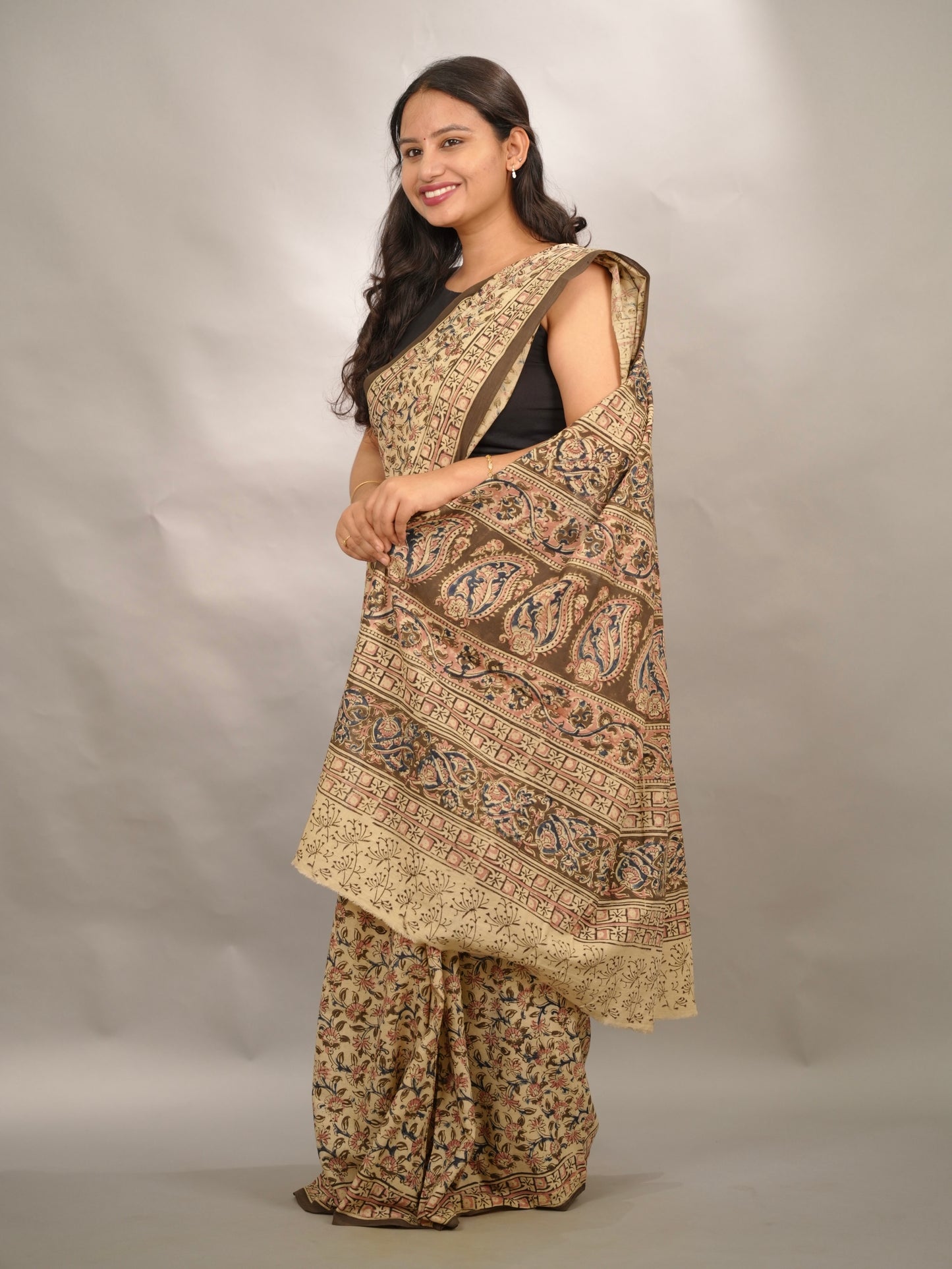 Cream Hand Block Printed Kalamkari Cotton Saree | Looms & Tassels