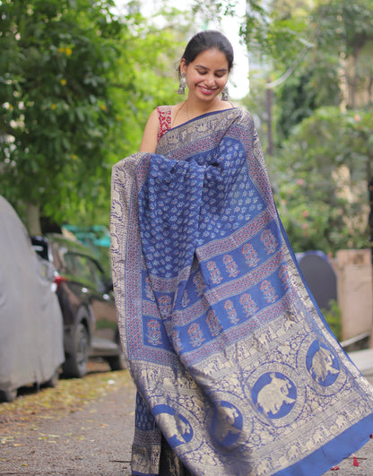 Blue Ajrakh Dola Silk Saree