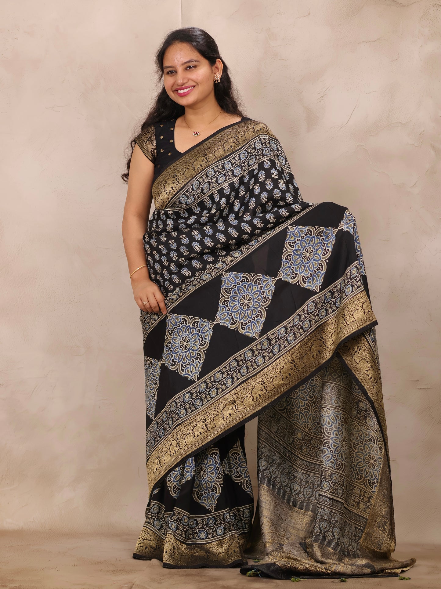 Black Ajrakh Handblock printed Dola Silk Saree | Looms & Tassels