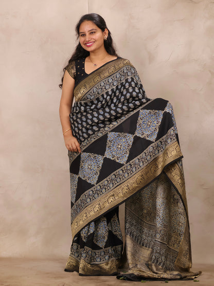 Black Ajrakh Handblock printed Dola Silk Saree | Looms & Tassels