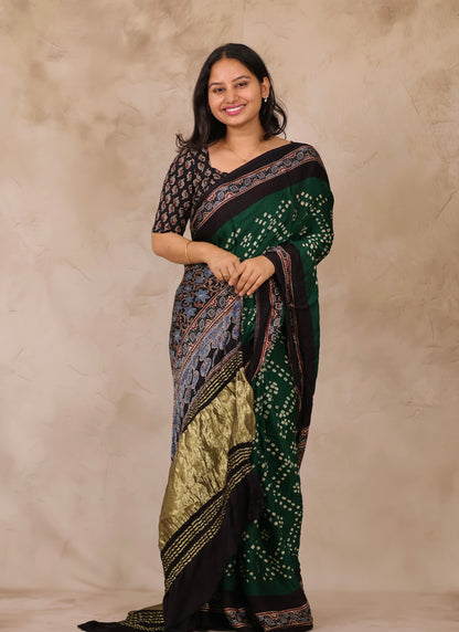 Bottle Green Hand Knotted Bandhej Arakh Modal Silk Saree with Lagdi Pallu | Looms & Tassels