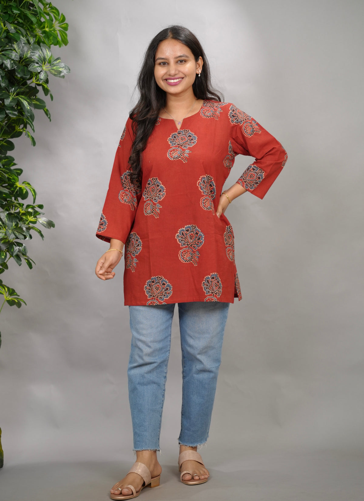 Maroon Ajrakh Hand Block Printed Short Top