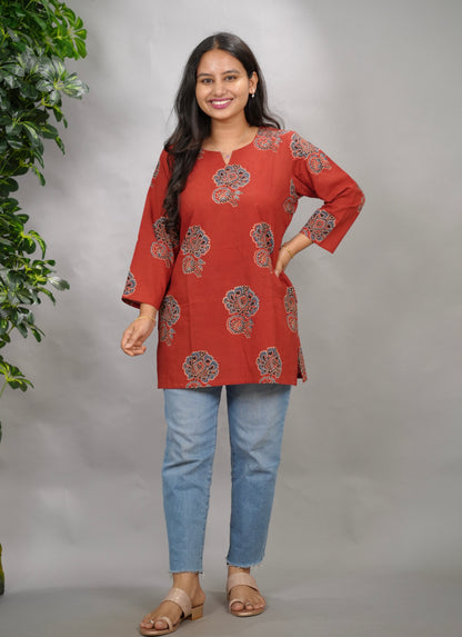 Maroon Ajrakh Hand Block Printed Short Top