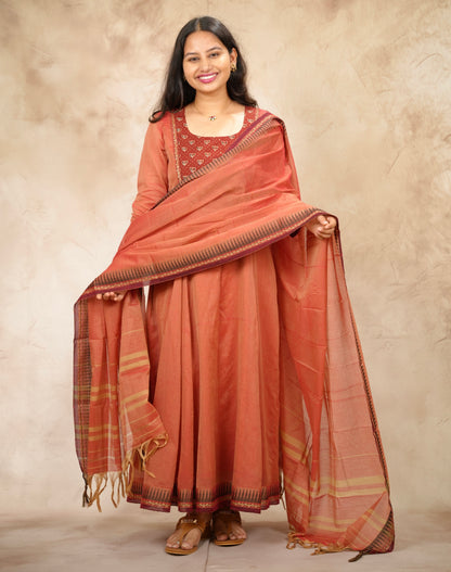 Peach Ajrakh Patch Work Narayanpet Cotton Anarkali Dress with Narayanpet Dupatta | Looms & Tassels
