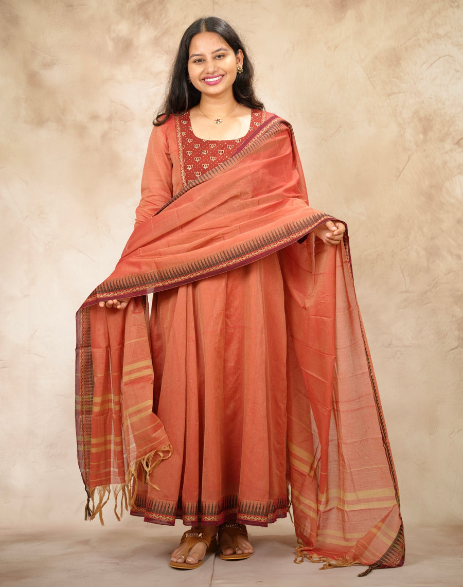 Peach Ajrakh Patch Work Narayanpet Cotton Anarkali Dress with Narayanpet Dupatta | Looms & Tassels