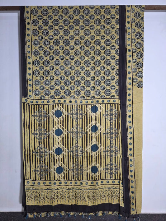 Beige Exclusive Mandala Design Ajrakh Handblock Printed Modal Silk Saree