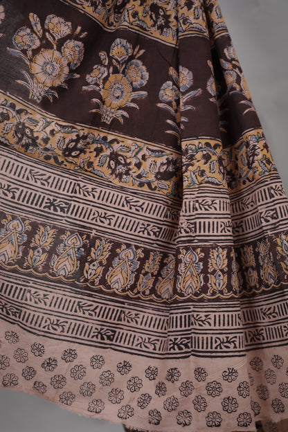 Brown Hand Block Printed Kalamkari Cotton Saree | Looms & Tassels