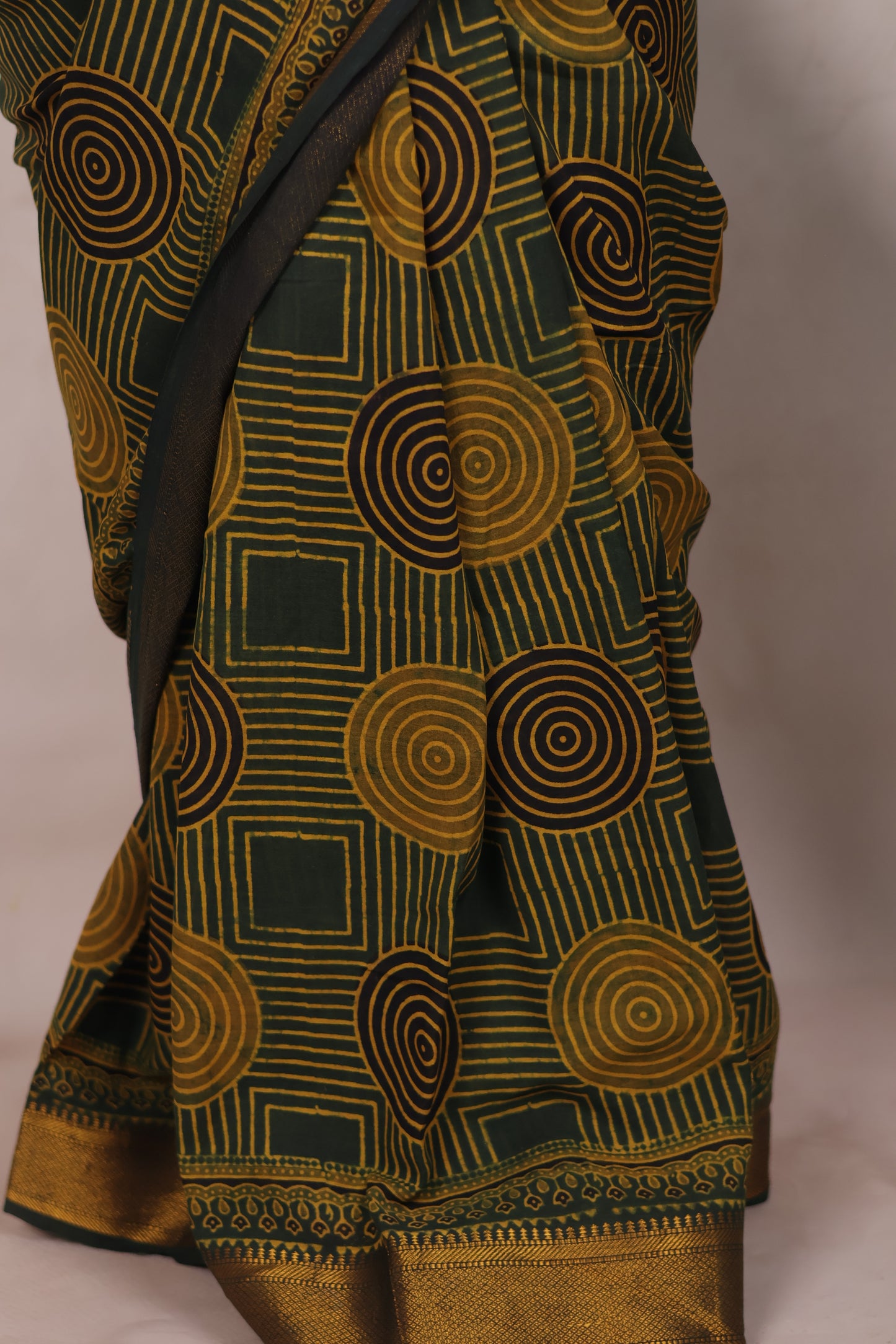 Green Ajrakh Hand Block Printed Mangalagiri Cotton Saree | Looms & Tassels