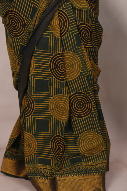 Green Ajrakh Hand Block Printed Mangalagiri Cotton Saree | Looms & Tassels