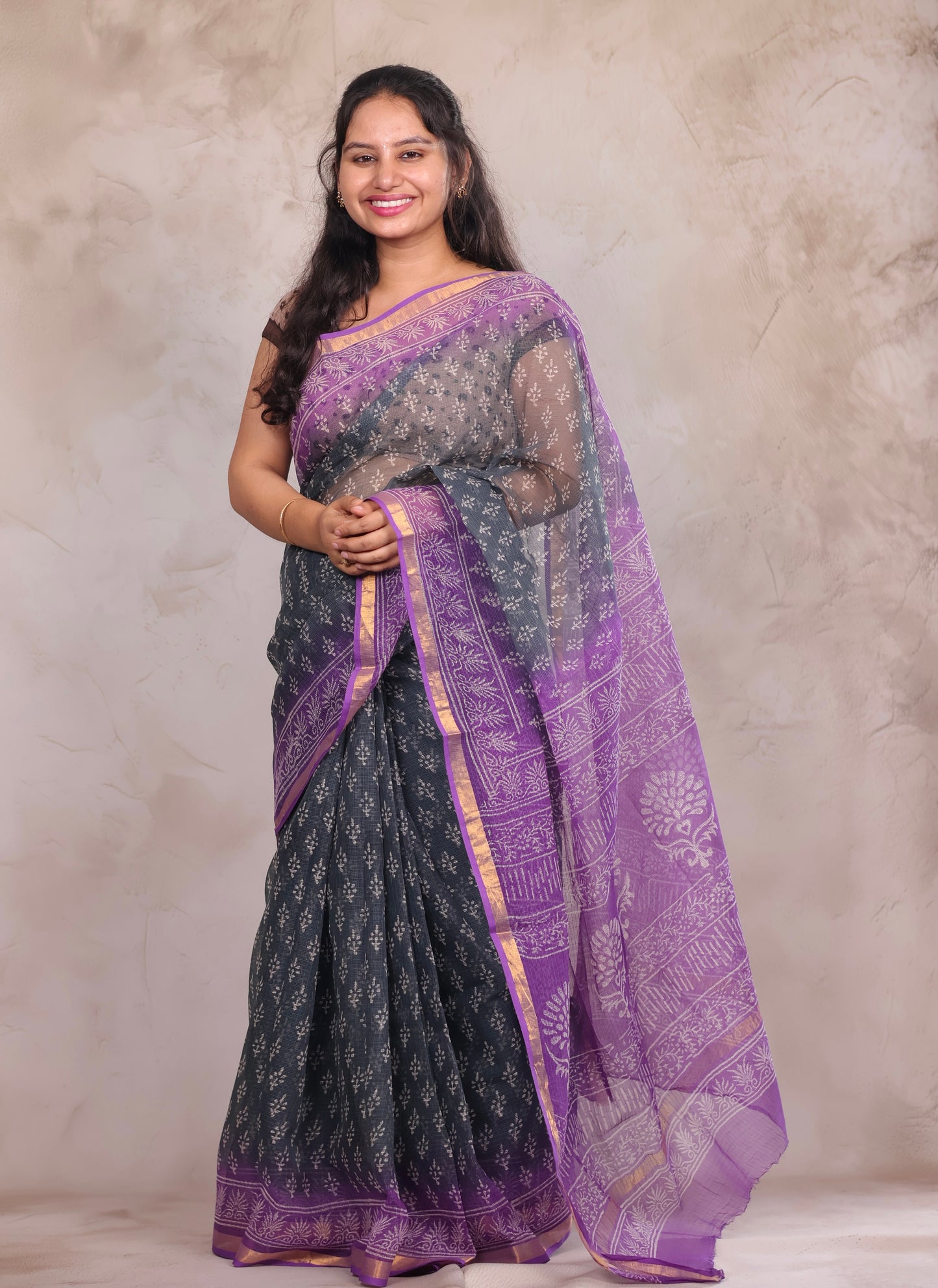 Ash And Dark Lavender Dual Shade Pure Kota Doria Saree with Bagru Handblock Prints | Looms & Tassels
