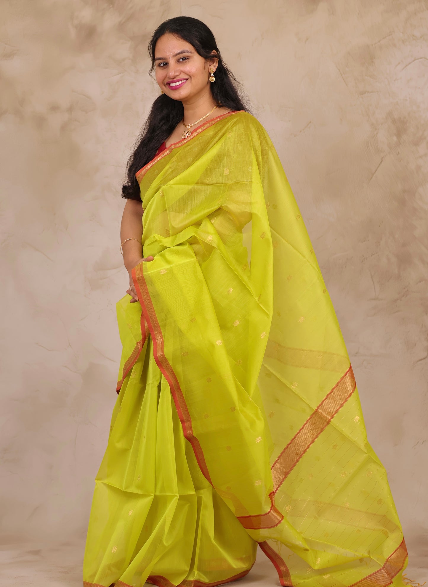 Lime Green Handloom Maheswari Silk Cotton Sarees | Looms & Tassels