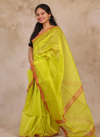 Lime Green Handloom Maheswari Silk Cotton Sarees | Looms & Tassels