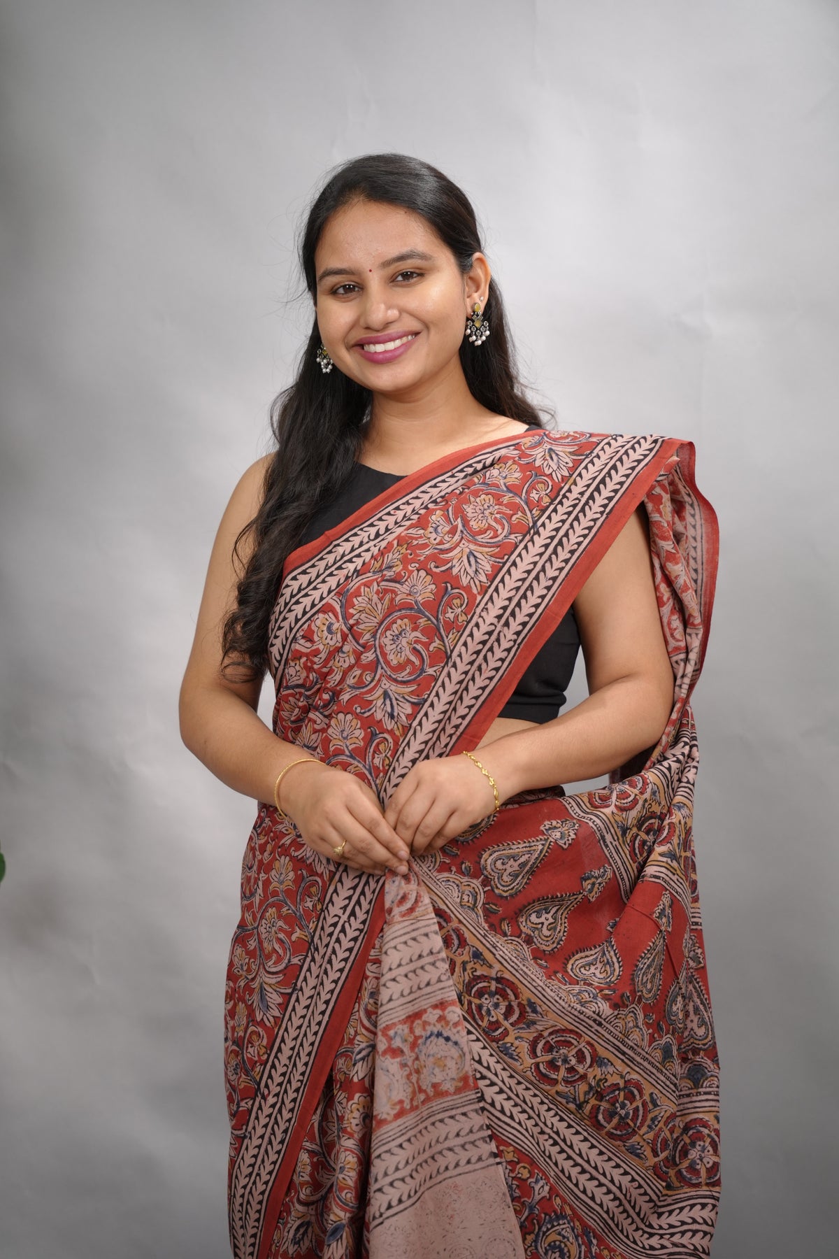 Red Hand Block Printed Kalamkari Cotton Saree | Looms & Tasselse