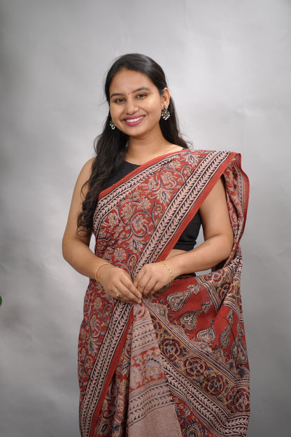 Red Hand Block Printed Kalamkari Cotton Saree | Looms & Tasselse