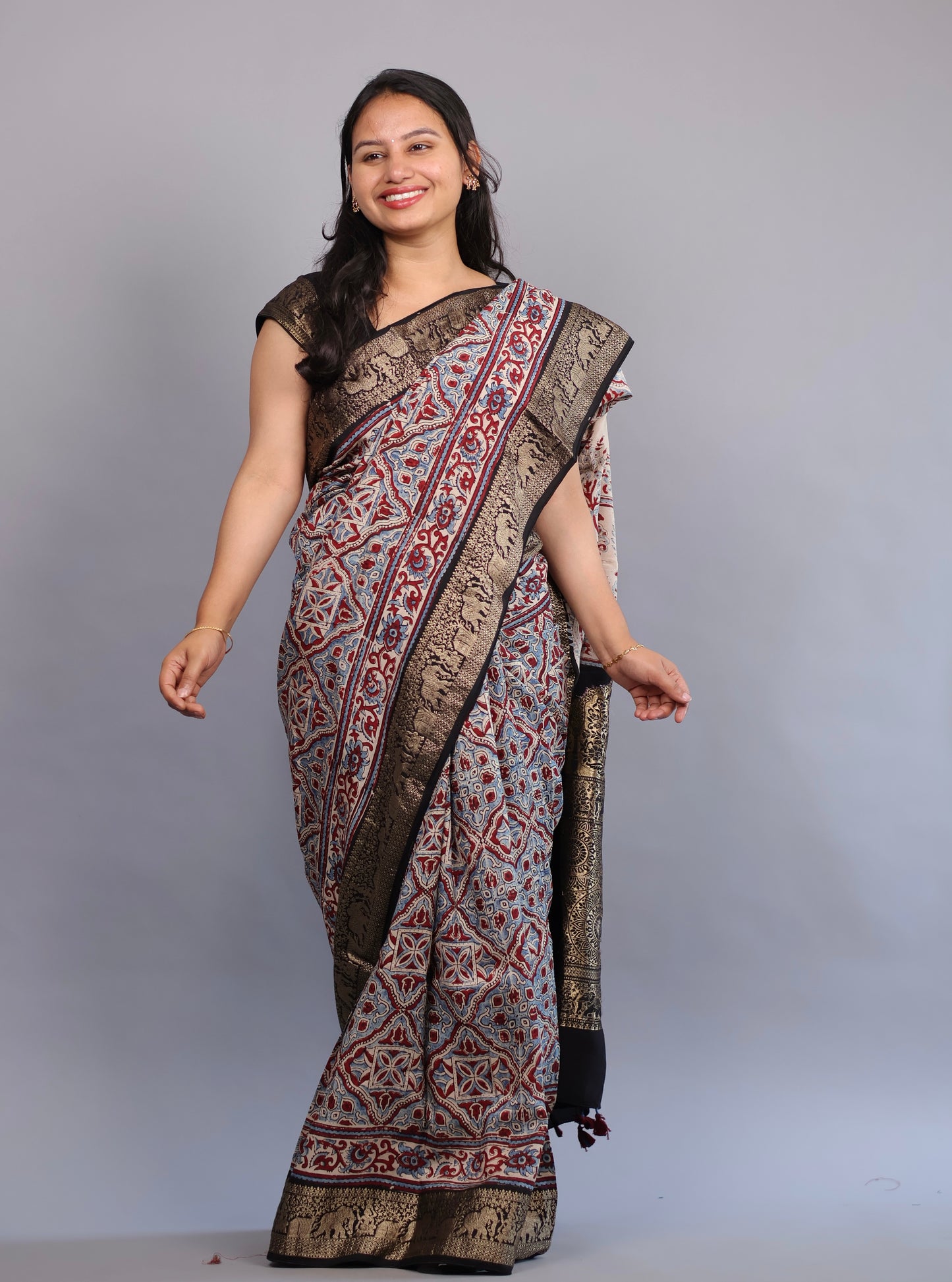 Cream Geometrical & Floral Ajrakh Motifs Handblock printed Dola Silk Saree | Looms & Tassels