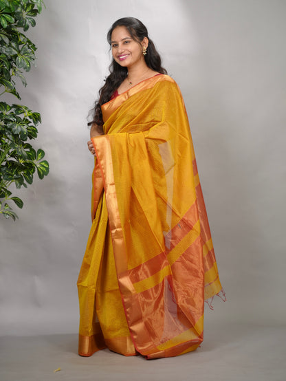 Mustard Yellow Checks Handloom Maheswari Silk Cotton Sarees | Looms & Tassels
