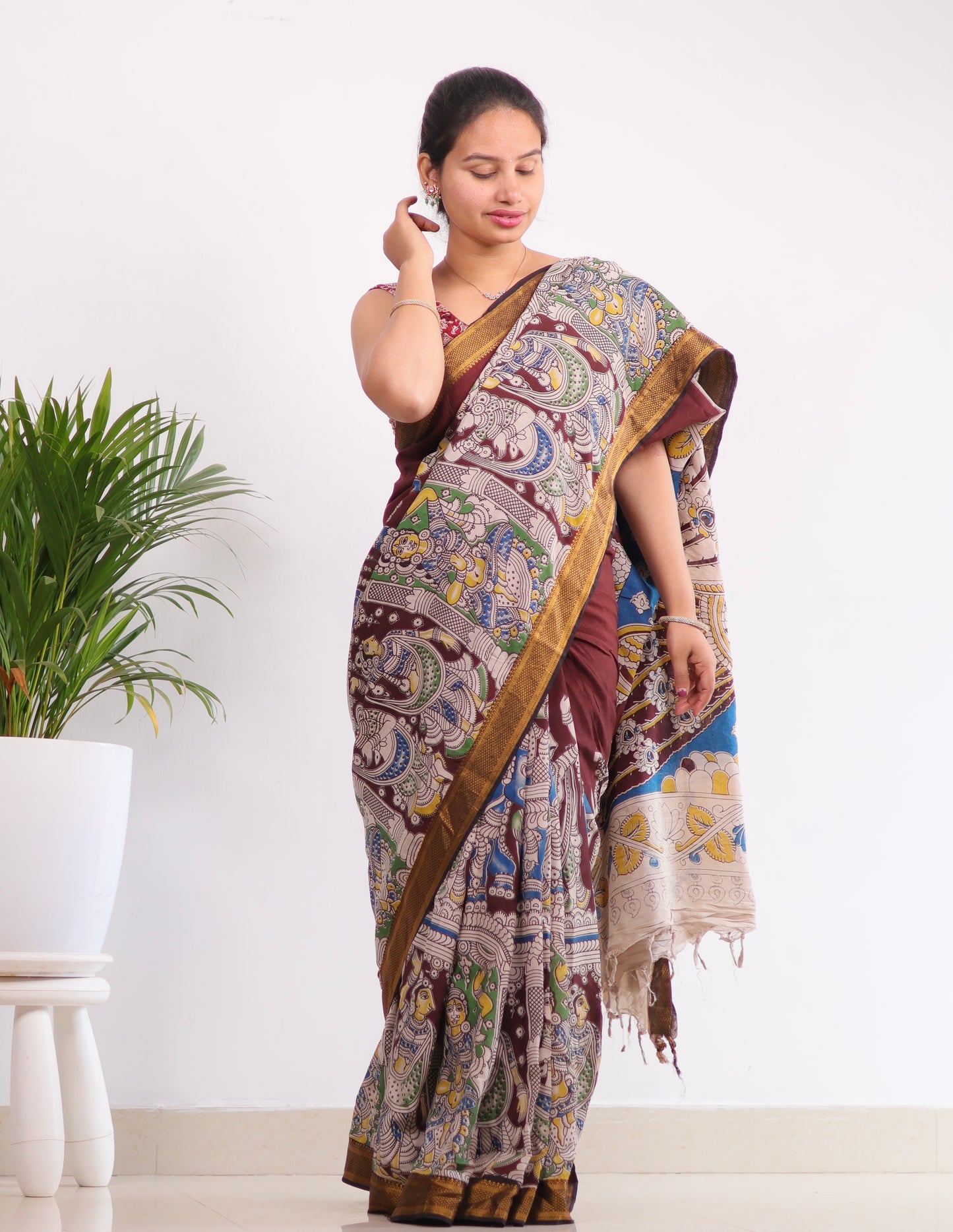 Brown Nizam Border Kalamkari Silk Saree