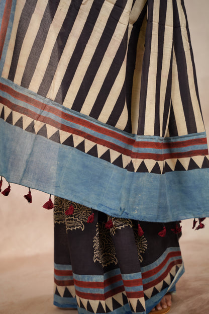 Black Ajrakh Hand Block Printed Cotton Saree | Looms & Tassels