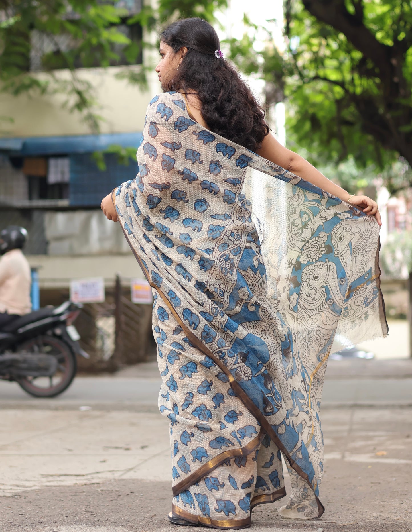 Blue Kalamkari printed Kota Doriya Saree