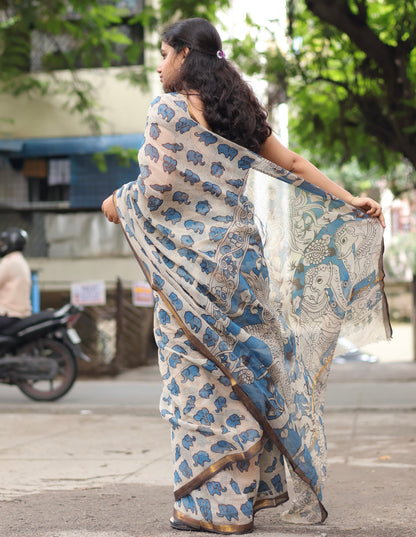 Blue Kalamkari printed Kota Doriya Saree