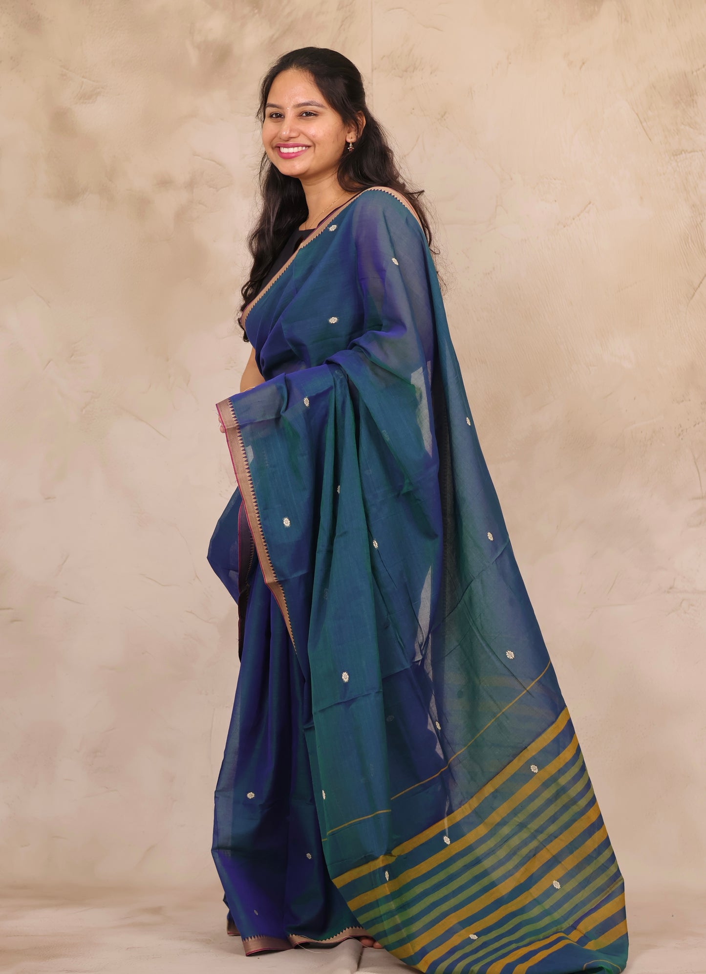 Peacock Blue Narayanpet Cotton Saree With Butta Weaving | Looms & Tassels