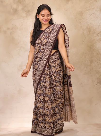 Brown Hand Block Printed Kalamkari Cotton Saree | Looms & Tassels