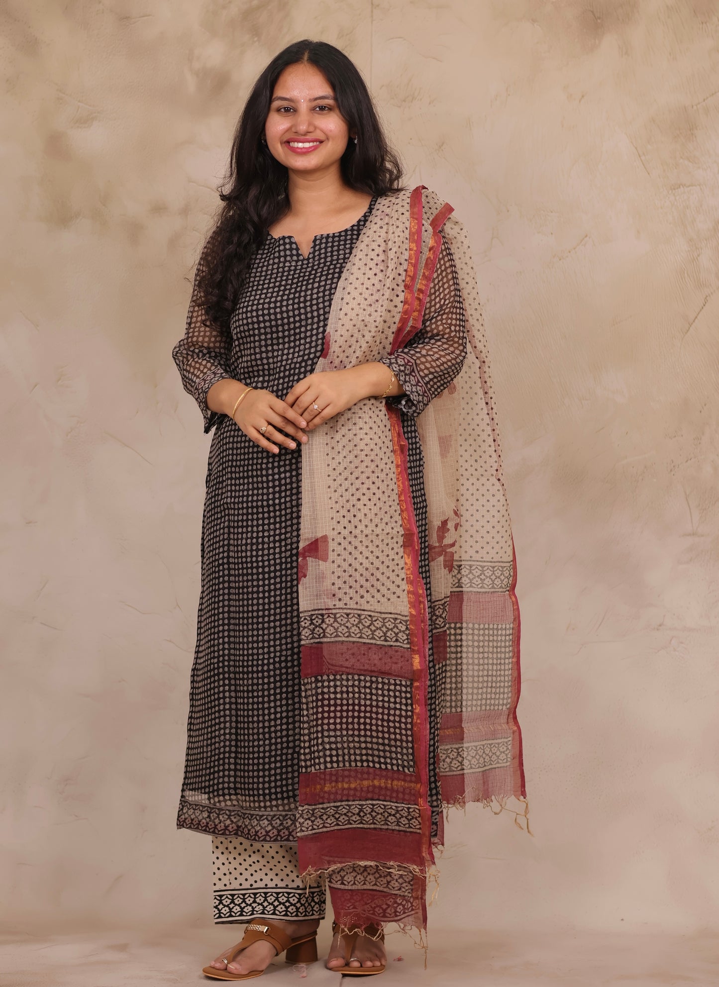 Black Polka Dots Handblock printed kota 3 piece suit (stitched)