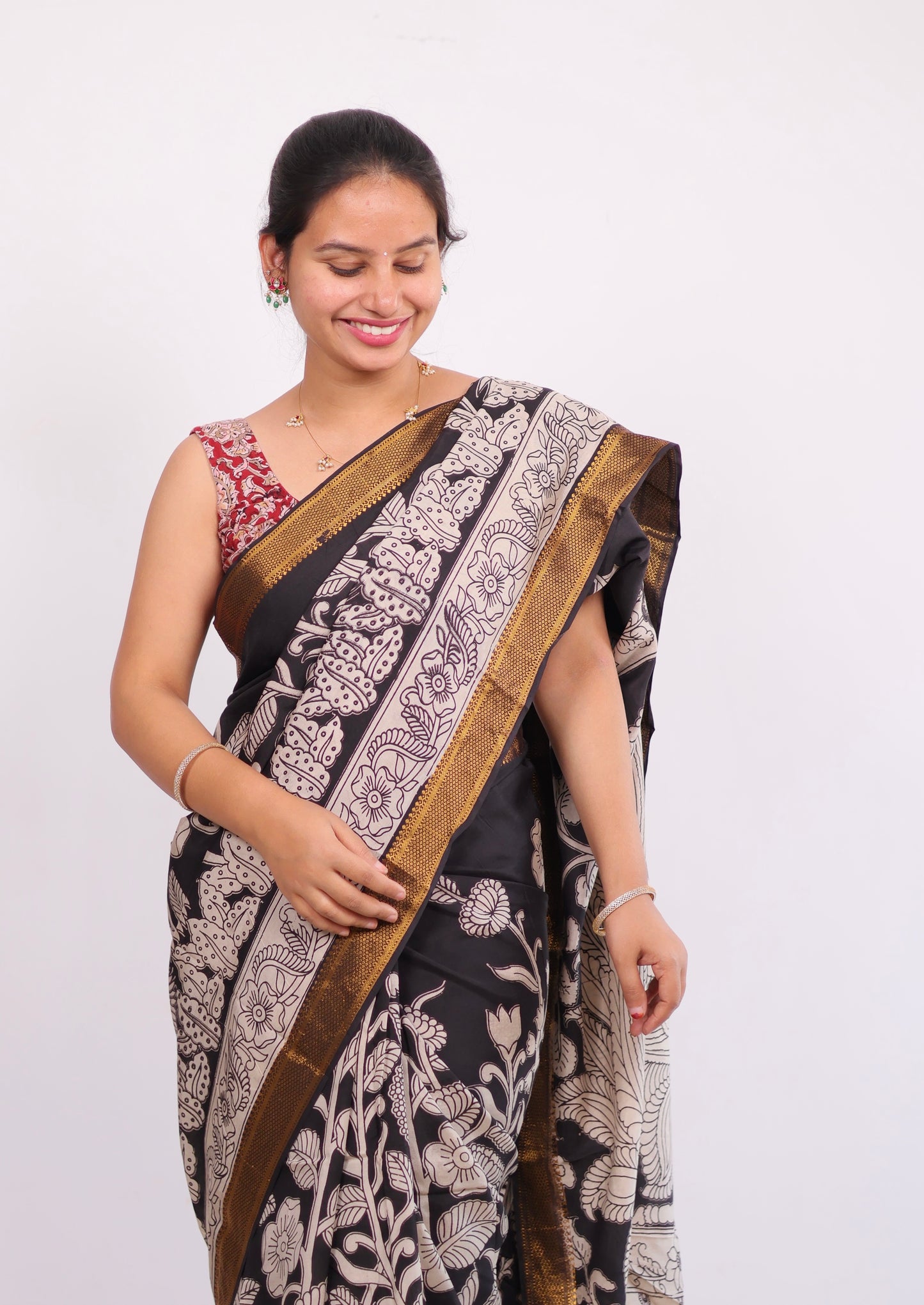 Black Nizam Border Kalamkari Silk Saree