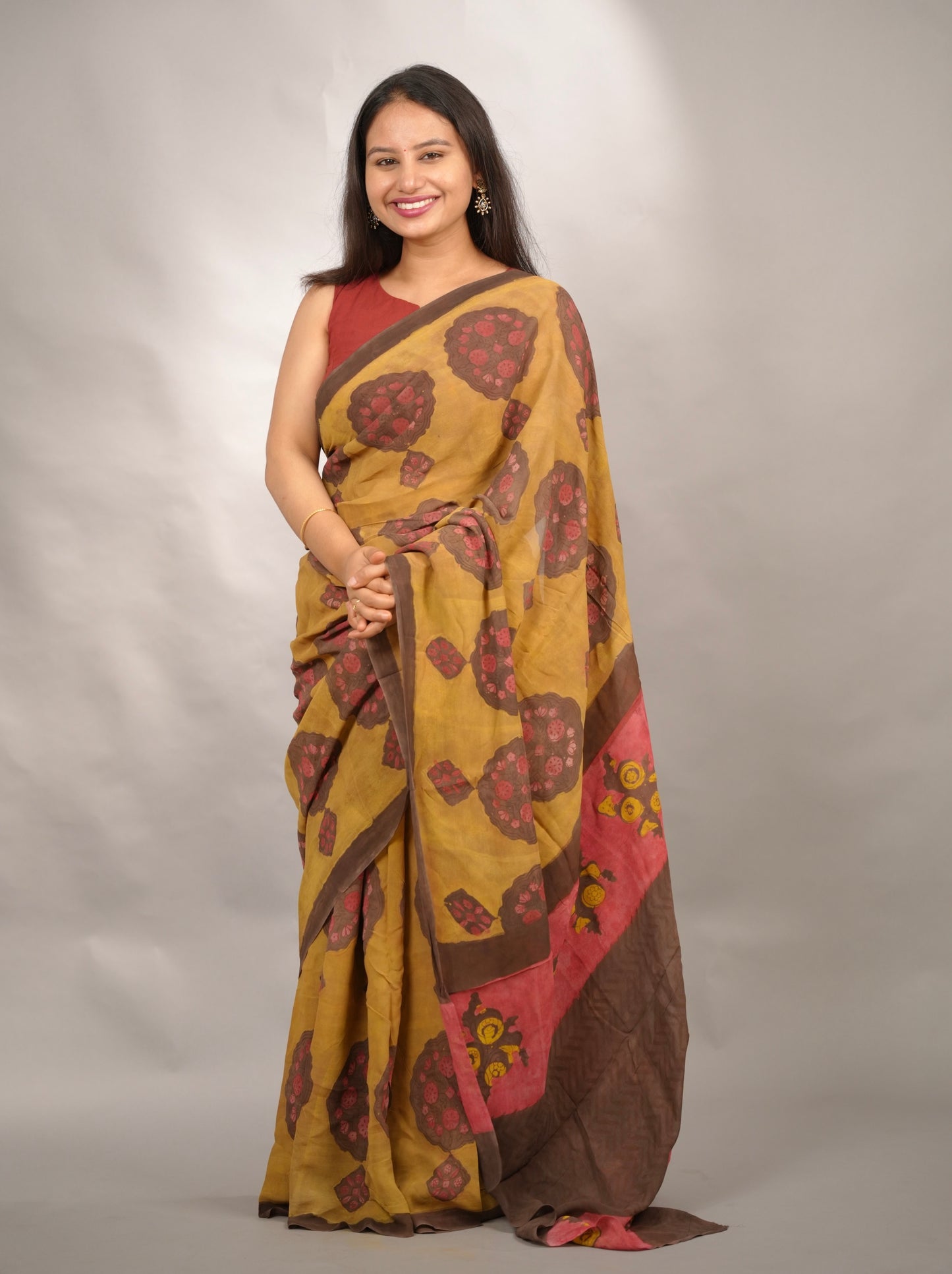 Mustard Georgette Hand Block Printed Saree| Looms & Tassels