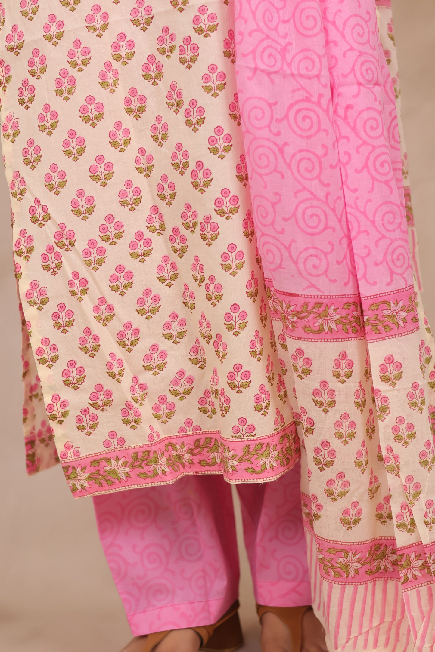 Off White & Pink Handblock printed Pure Mul Cotton with Kota Doria Duppata 3 piece suit (stitched)